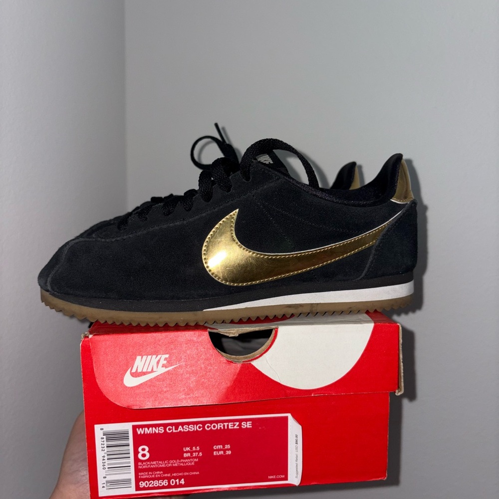 Nike womens Classic Cortez SE Black and Gold Shoes